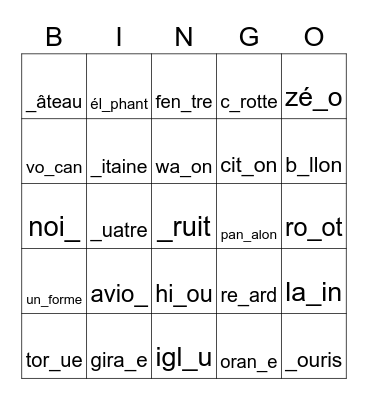 French Alphabet Words Bingo Card