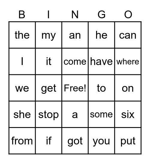 SIGHT WORDS Bingo Card