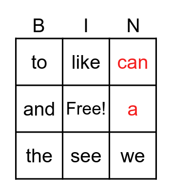 Sight Words 1 Bingo Card
