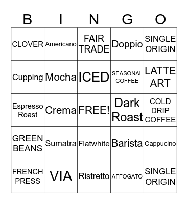 Starbucks Style Bingo Card