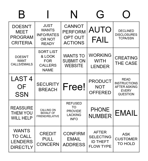 SALES OPT OUT Bingo Card