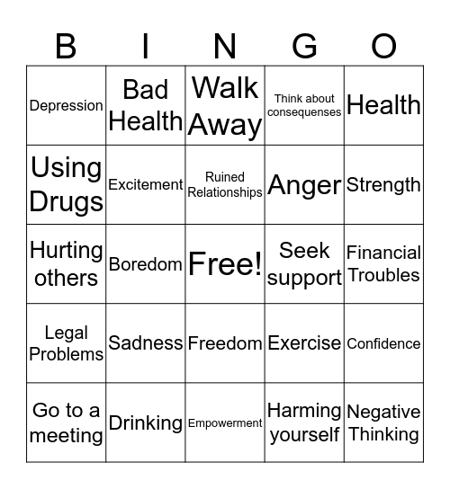 Relapse Prevention Bingo Card