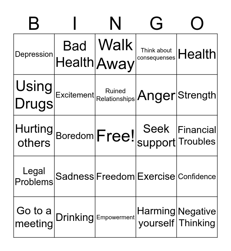 Relapse Prevention Bingo Card