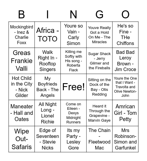 Cindy's 60th Bday Music Bingo Card