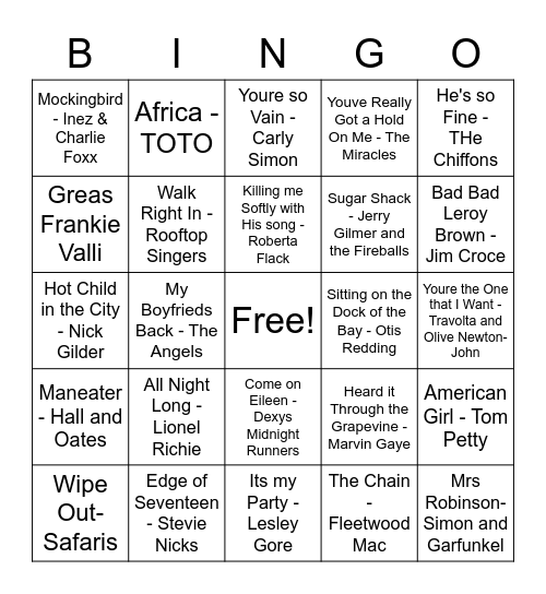 Cindy's 60th Bday Music Bingo Card