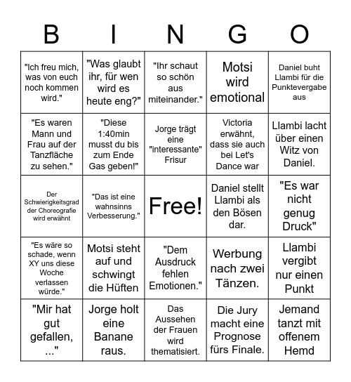 Lets Dance Bingo Card