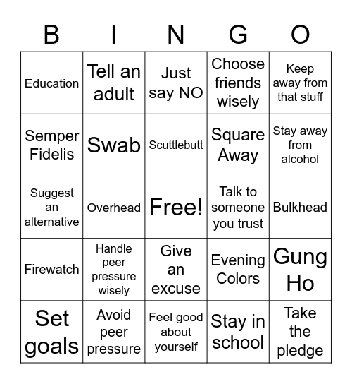 DRUG PREVENTION Bingo Card