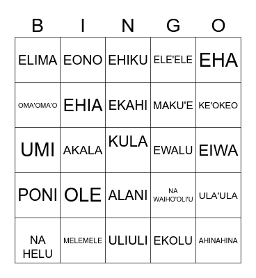 HAWAIIAN BINGO (NUMBERS AND COLORS) Bingo Card