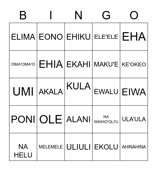 HAWAIIAN BINGO (NUMBERS AND COLORS) Bingo Card