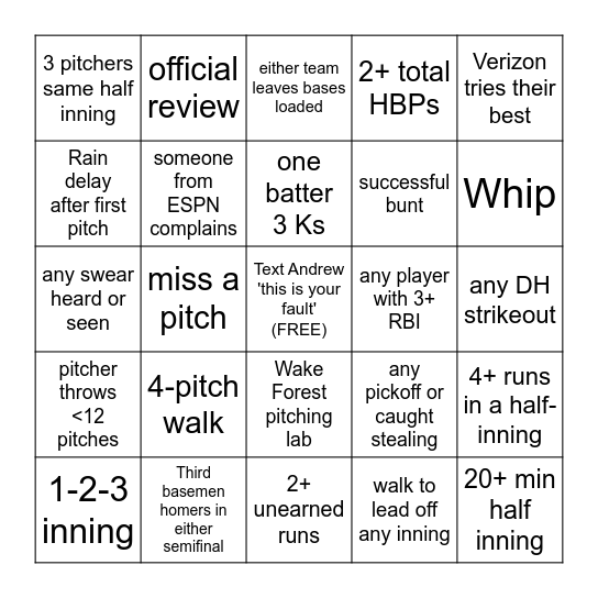 Baseball Bingo Card