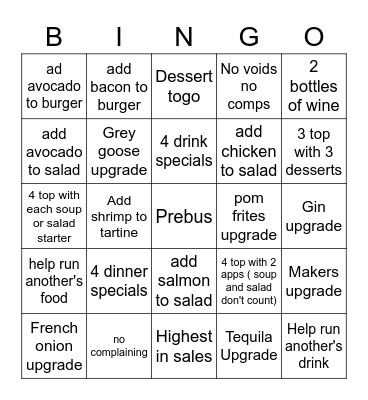 Dinner Bingo Card