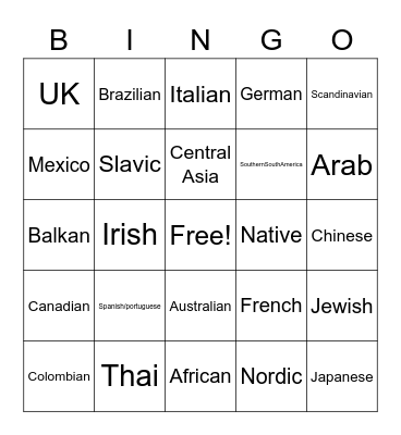 Ethnicity Bingo Card