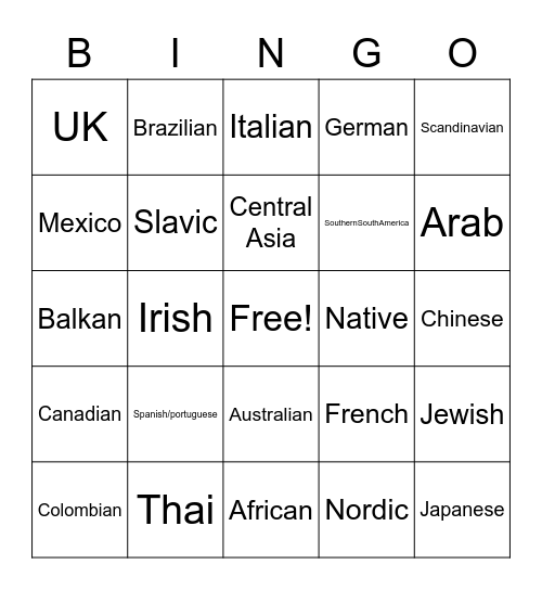 Ethnicity Bingo Card