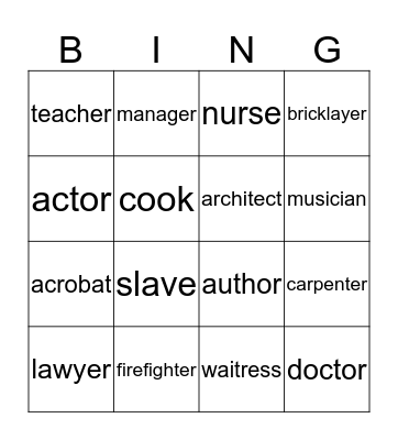 Les professions et les métiers Bingo Card