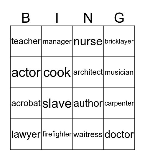 Les professions et les métiers Bingo Card