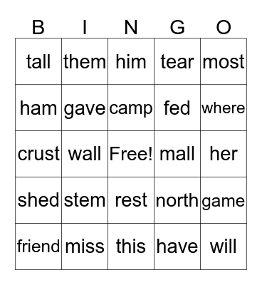 Ending Sounds Bingo Card