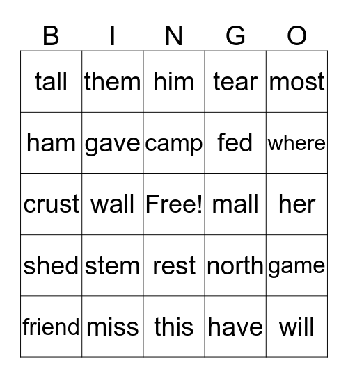 Ending Sounds Bingo Card