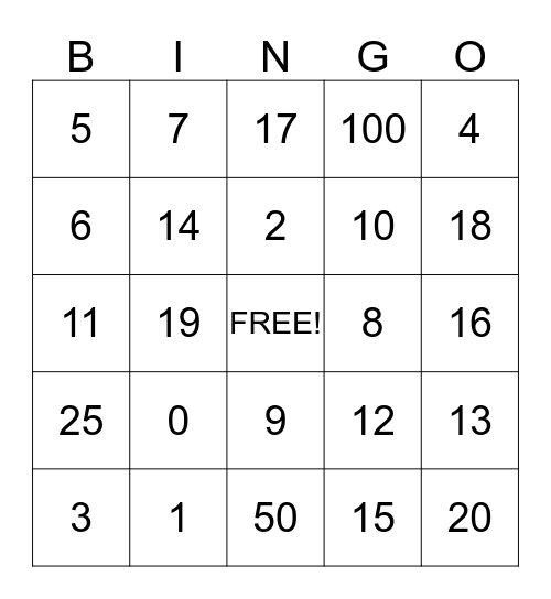 Kindergarten Math Bingo Card