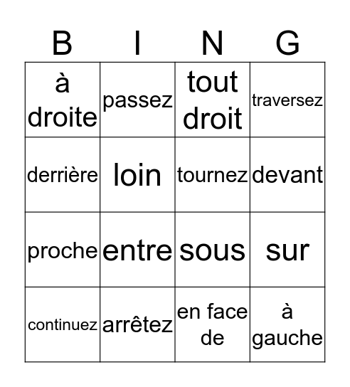 Les directions et les prépositions Bingo Card