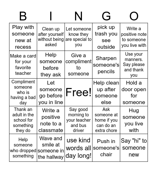 Random Acts of Kindness BINGO Card