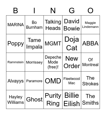Favorite Artists Bingo Card