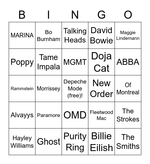 Favorite Artists Bingo Card