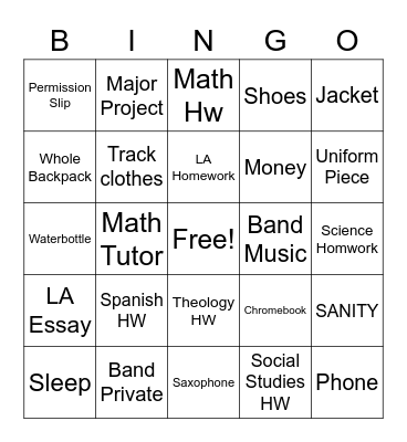 Jayden Forgot Bingo Card