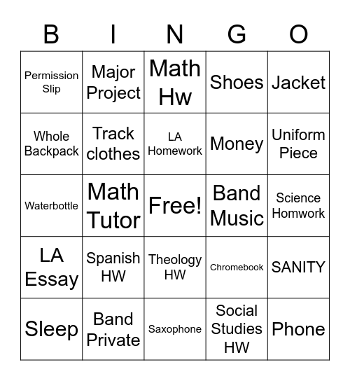 Jayden Forgot Bingo Card