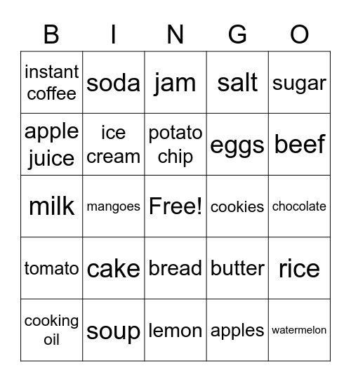 Going Shopping Bingo Card