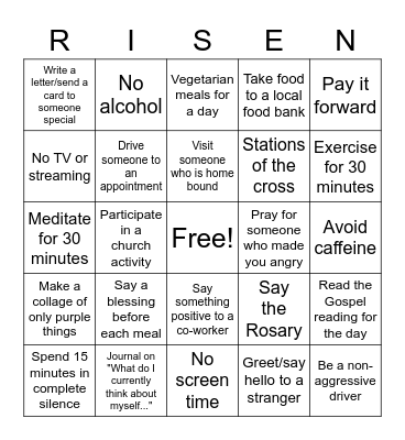 Lenten Bingo Card