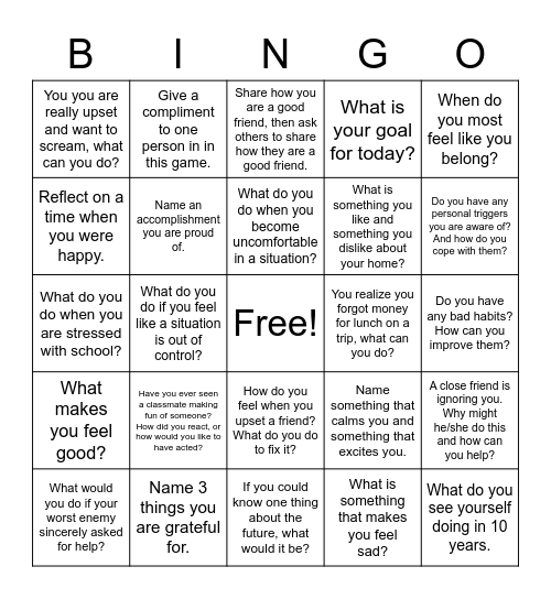 Emotional Regulation Bingo Card