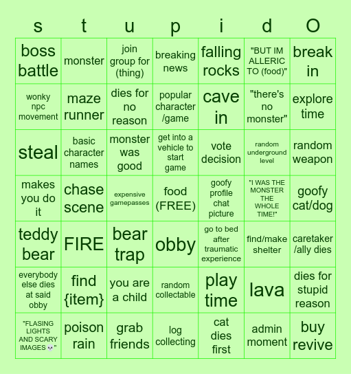 roblox story game Bingo Card