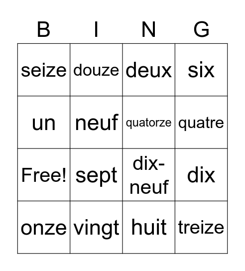 French Numbers to 20 Bingo Card
