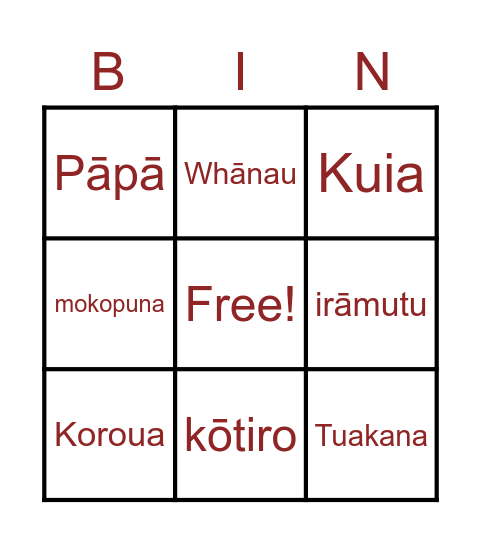 Whānau Kupu Bingo Card