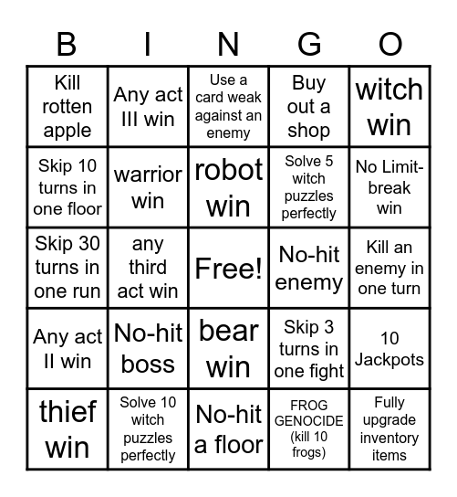 Dicey Dungeons VS bingo Card