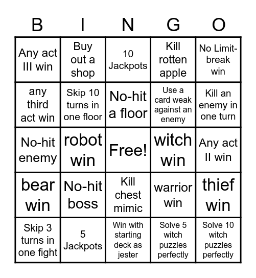 Dicey Dungeons VS bingo Card