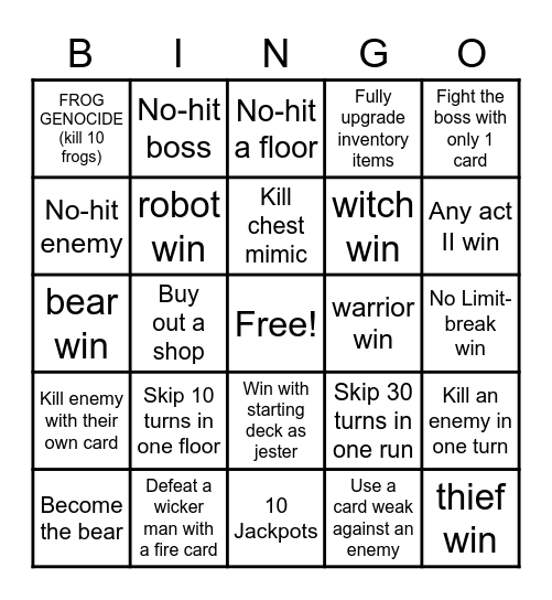 Dicey Dungeons VS bingo Card