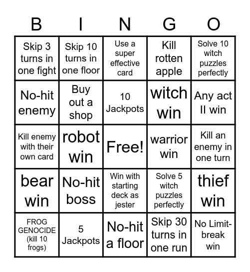 Dicey Dungeons VS bingo Card
