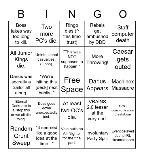 D/D/D Finale Event Bingo Card