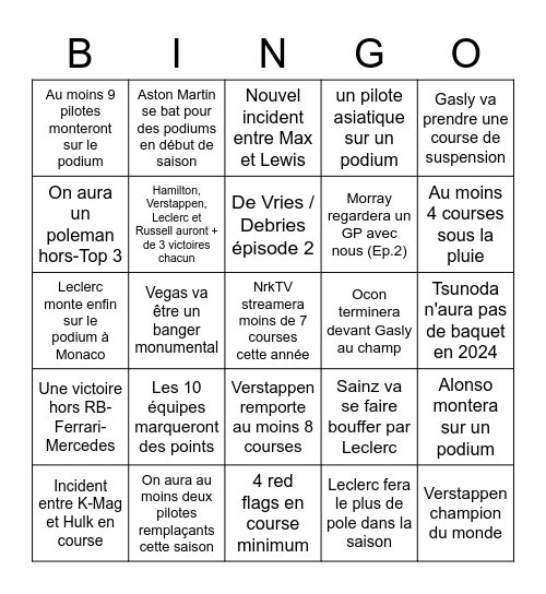 Bingo F1 Tunyac Bingo Card