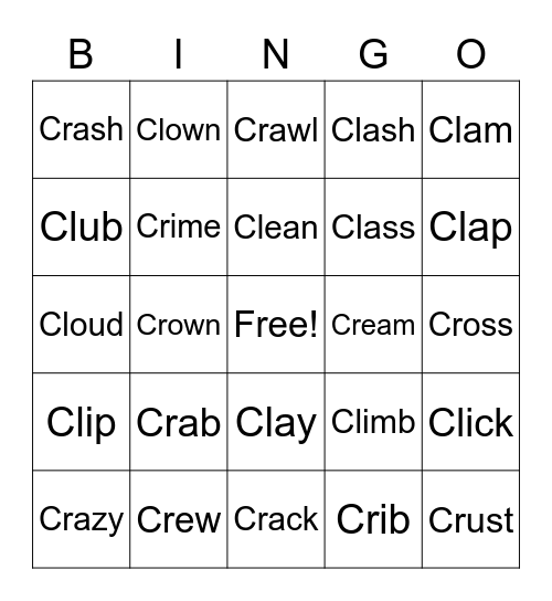 Cr and Cl phonics Bingo Card