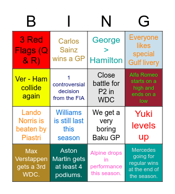 Formula 1 - 2023 Season Bingo Card
