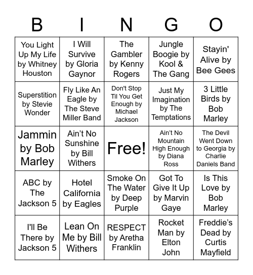 Music Bingo 70's Bingo Card