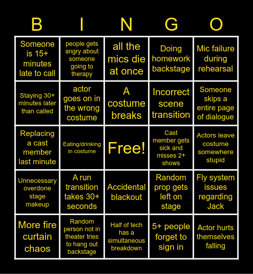 Show Week Bingo Card