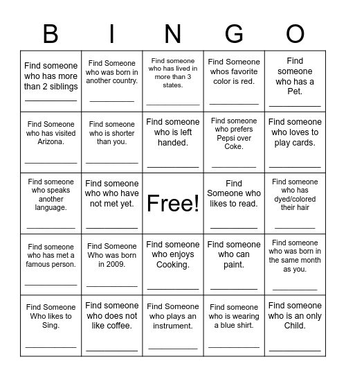 Find Someone Who Bingo Card