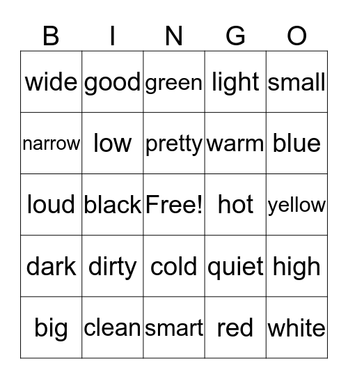 Adjective Bingo Card