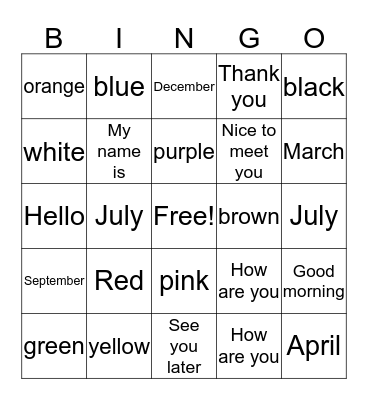 Month, Color and Greeting Bingo Card