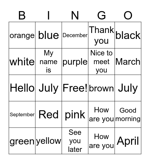 Month, Color and Greeting Bingo Card