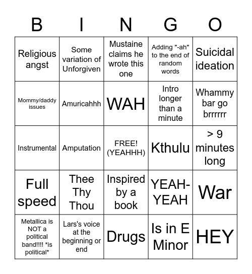 SHUFFLE METALLICA DISCOGRAPHY & GO Bingo Card