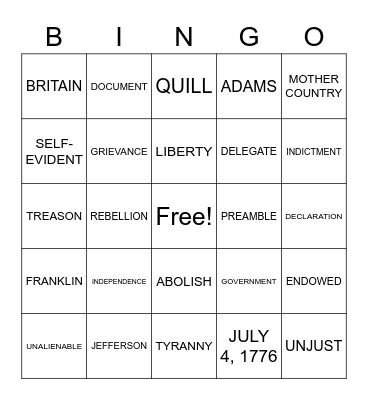 Declaration of Independence Bingo Card